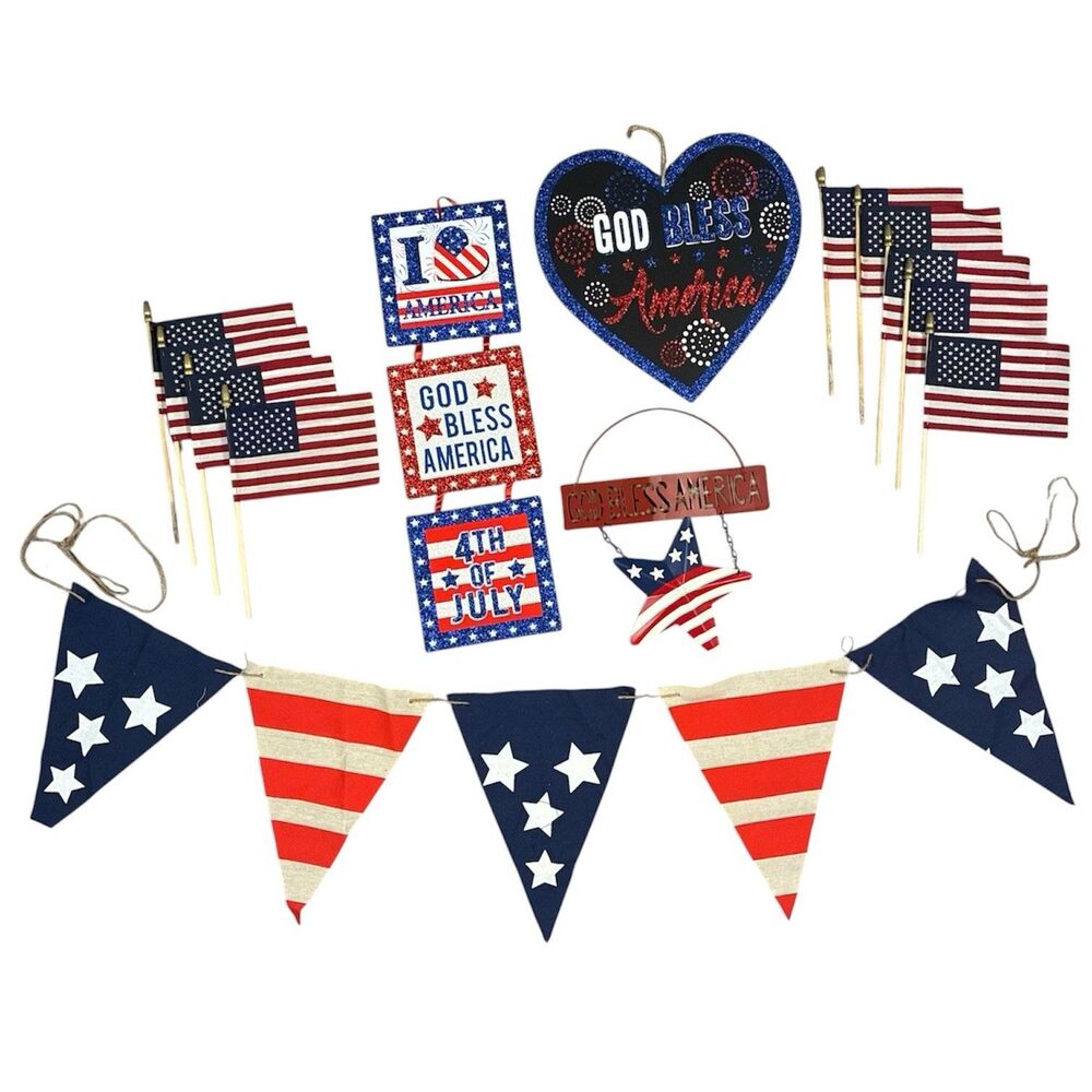 4th Of July Lot Of 13 Decorations God Bless America Wall Decor USA Flags Banner